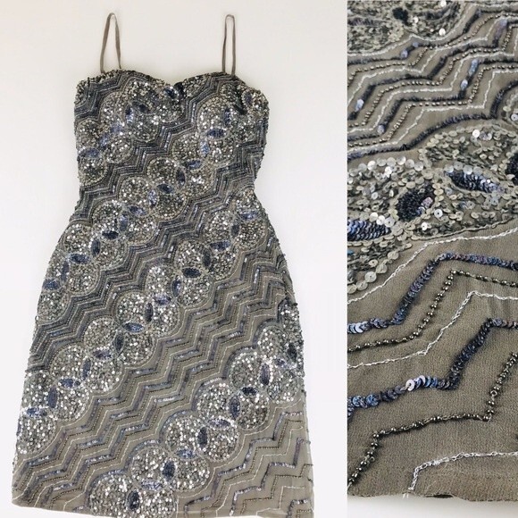 SCALA Sequin Beaded Embellished Chain Metallic Strapless Cocktail Prom Dress 0 - Picture 5 of 10